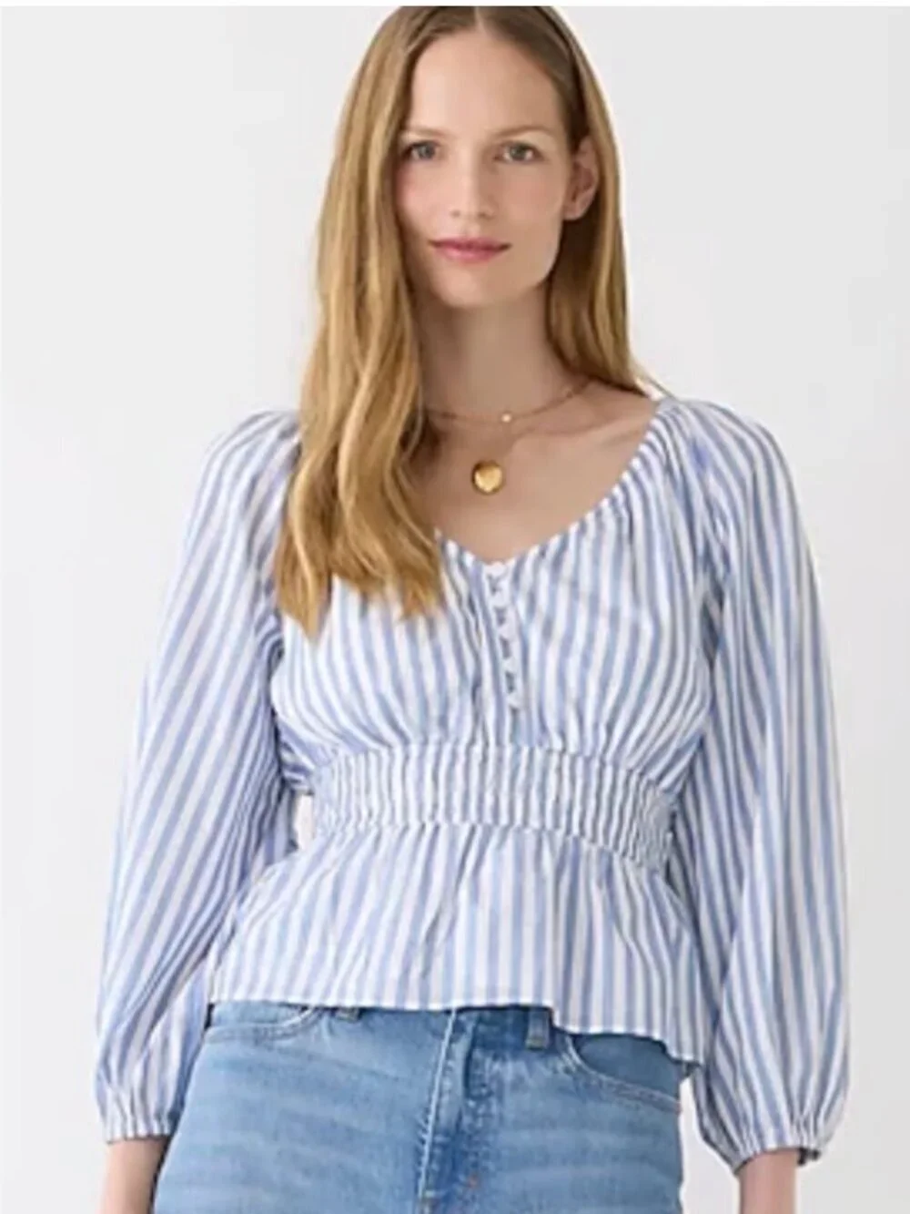J Crew V Neck Smocked Waist Top M Stripe Long Sleeve Blue Peplum Coastal Preppy